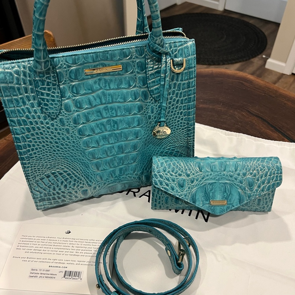 Brahmin SET -Small Caroline- Mermaid Green Crocodile Shoulder Bag w/wallet